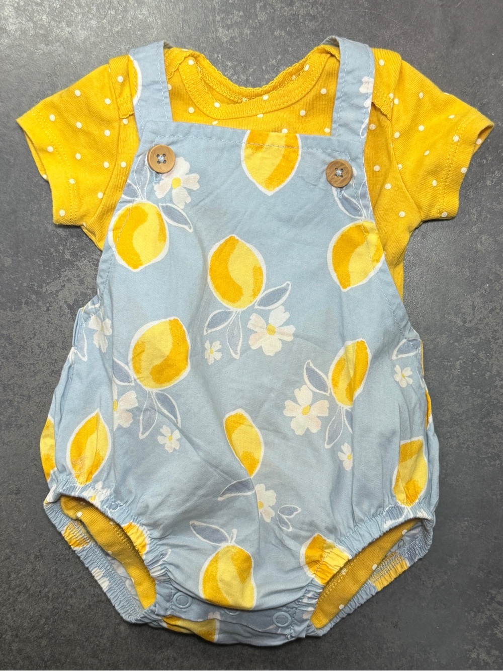 Just One You Yellow Polka Dot Bodysuit Lemon Print Bubble Romper Outfit 3M